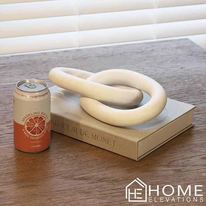 Wood Chain Link Decor – 13” White Wooden Decorative Object for Coffee Table Decor & Neutral Decor for Home – Modern Knot Accent for Shelf Styling, Books, or Housewarming Gifts