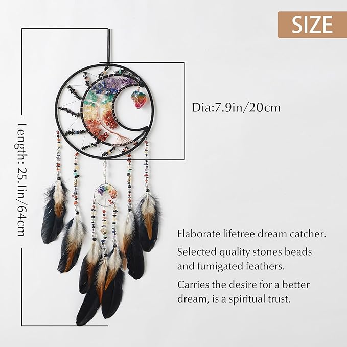 7 Chakras Dream Catchers Tree of Life Dream Catcher Black Feather Dreamcatcher Wall Decor with Healing Crystal Stone & Fluorite Wall Art Hanging for Bedroom Home Decor Bless Gift Wedding Garden