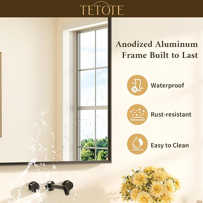 TETOTE Matte Black Beveled Framed Bathroom Mirror 72" x 36" Large Black Rectangle Metal Vanity Wall Mirror for Bathroom Sink, Modern Farmhouse, Tempered Glass, Shatterproof, Stronger Frame