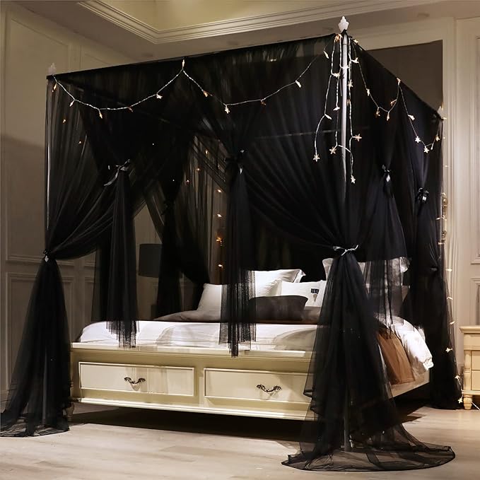 VETHIN 4 Corners Post Princess Bed Canopy Curtain Double Layer Cozy Drape Netting 4 Opening Mosquito Net for Girls & Adults Bedroom Decoration Accessories (Double Black, 47" W*78" L*82"*H/Twin)