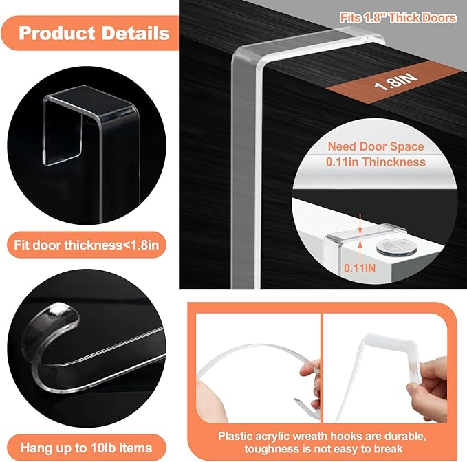 12" Clear Wreath-Hanger Non Scratch Hooks, 1 Pack Wreath-Hanger, Over The Door Hooks Deceneration, Slim Hangers Organizer