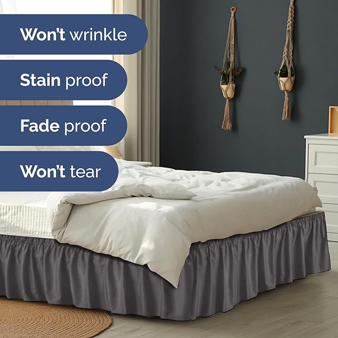 Wrap Around Dust Ruffle Bed Skirt - Dark Grey - Twin/Twin XL Size Beds with 18 Inch Drop - Elastic Strap - Adjustable Pleated Bedskirt with Brushed Fabric and Wrinkle Free - Women, Men, Kids & Teens
