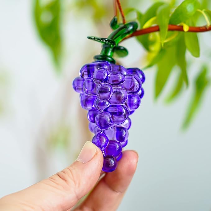 Handmade Glass Purple Grape Figurine Collectibles Crystal Fruit Ornament Decoration Art Glass Grape Miniature for Home Office Birthday for Mum