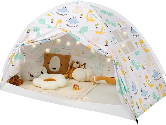 Twin Bed Tent for Kids, Twin Size Bed Canopy with Star Lights, Privacy Space Blackout Sleeping Tents, Indoor Breathable Portable Toddler Bed Tent for Boys and Girls, Dinosaur