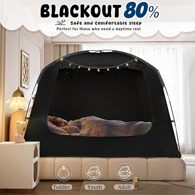 Bed Tent Bed Canopy Breathable 100% for Adult and Kids Light Reduction Sleeping Dream Tents Indoor Portable Big Space with String Light 4 Doors Twin Full Queen King Size