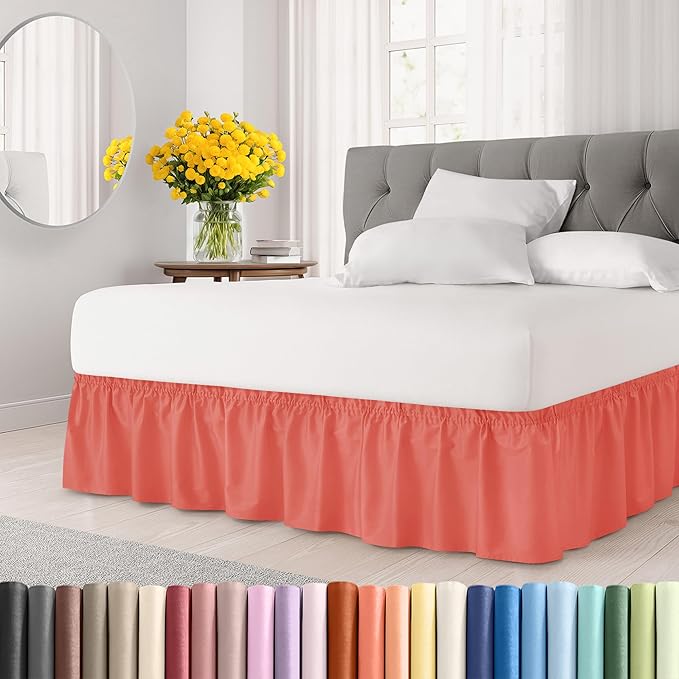 Wrap Around Dust Ruffle Bed Skirt - Coral - for Full Size Beds with 24 Inch Drop - Easy Fit Elastic Strap - Adjustable Pleated Bedskirt w/Brushed Fabric - Wrinkle Free - for Women, Men, Kids & Teens