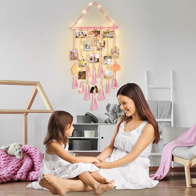 Hanging Photo Display Wall Decor, Pink Macrame Wall Hanging Boho Room Bedroom Decor, Picture Frame Collage with Remote Light & 30 Clips, Christmas Teenage Teen Girl Gifts Ages 10 11 12 13 14 Years Old