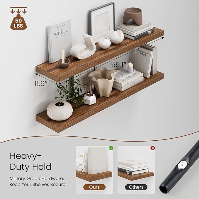 Heimlove 12 Inch Deep Floating Shelves, 55 x 12 inch Extra Long Floating Shelves for Wall, Large Display Shelf & Storage Shelf for Living Room Bedroom Kitchen Home Office, Set of 2, Walnut