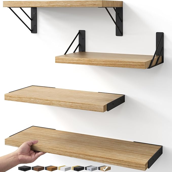 BAYKA Shelves for Bedroom Decor, Floating Wall Shelf for Living Room Kitchen Storage, Wall Mounted Rustic Shelves for Kids Books, Corner Shelf for Bathroom(Carbonized Brown,Set of 4)