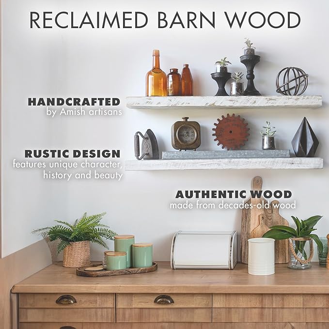 Urban Legacy Reclaimed Barnwood Planks | Floating Shelves for Wall w/Flush Mount Shelf Bracket Set Included | Set of 2 (White Wash, 30"x7"x 2")
