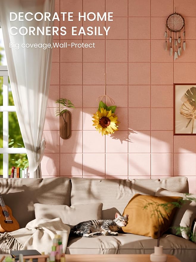 Bumusty Large Felt Bulletin Board, 48" x 36" Cork Board Alternative, 12-Pack Wall Tiles with 4-Compartment Design, 30 Push Pins, 70 Adhesive Tabs, Ideal for Office & Home Decor, Pink
