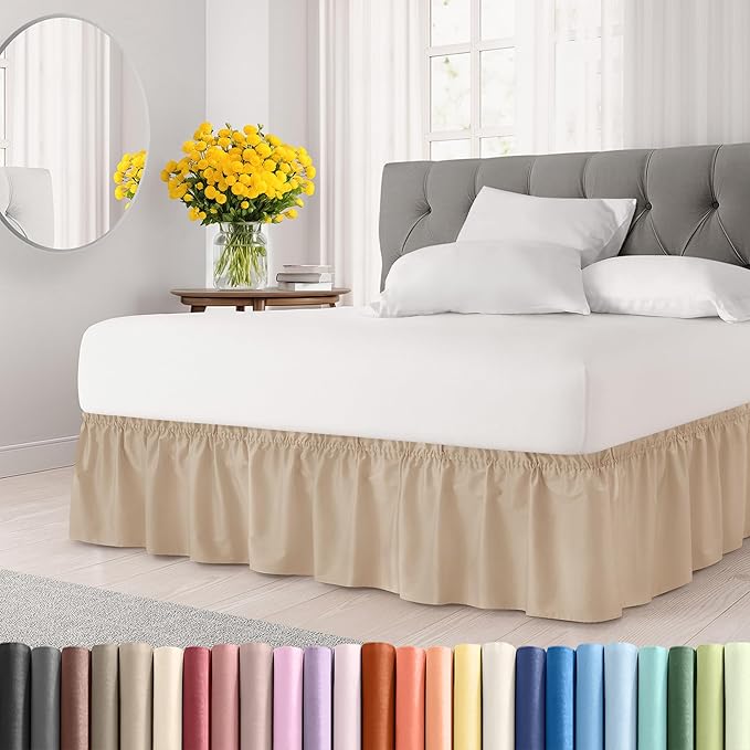 Wrap Around Dust Ruffle Bed Skirt - Cream - for King Size Beds with 24 Inch Drop - Easy Fit Elastic Strap - Adjustable Pleated Bedskirt w/Brushed Fabric - Wrinkle Free - for Women, Men, Kids & Teens