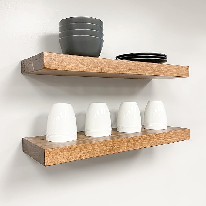 AUDRIELLE URBANDI, Rustic Floating Shelves, Set of 2, Hidden Bracket, Solid Wood, Heavy Duty, Wall Mounted Shelves, (Brown, 24Wx6D)