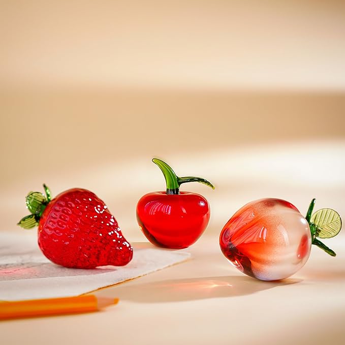 Set of 3 Crystal Fruits Decoration for Home Kitchen Glass Red Strawberry Apple Peach Fruit Figurines Glass Fruits Decor for Wedding Birthday Tabletop Centerpiece