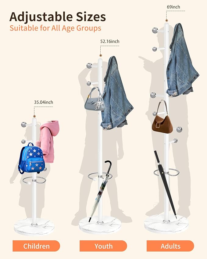 ZOZOE Metal Coat Rack Stand, Modern Coat Rack Freestanding with Natural Marble Base, Sturdy Industrial Coat Racks with 8 Hooks & Umbrella Holder,White Coat Tree Hanger Stand for Entryway,Office
