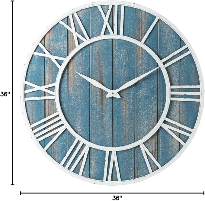 36" Coastal Wall Clock - Metal & Solid Wood Noiseless Weathered Beach Blue Wall Clock