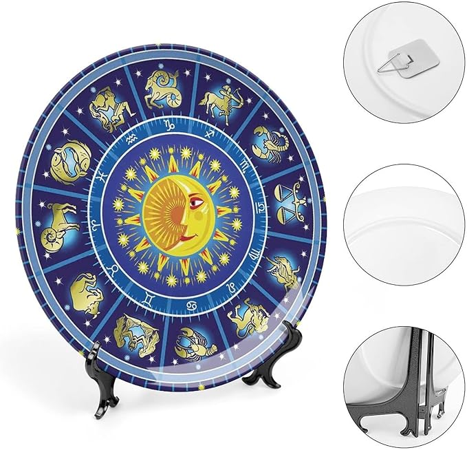 Decorative Plates, Astrology Print Ornament, Horoscope Circle Sun Birth Zodiac Constellation, 10 Inch, 1 Plate with 1 Display Stand, Yellow Orange Dark Blue