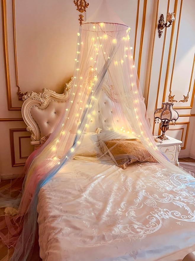 Comtelek Mosquito Net Bed Canopy for Girls,Rainbow Canopy with LED Lights Bed Curtains Full Queen Size from Ceiling,Dome Mosquito Netting Bed Tent Twin Girls Princess Canopy King Bed Decor