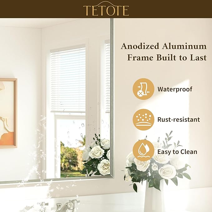 TETOTE Brushed Nickel Bathroom Mirror for Over Sink 40" x 30" Brushed Nickel Beveled Framed Rectangle Vanity Mirror for Bathroom, Bedroom, Entryway, Living Room, Tempered Glass, Stronger Frame