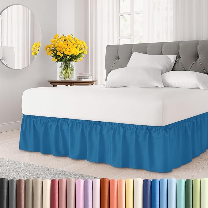 Wrap Around Dust Ruffle Bed Skirt - Denim Blue - Twin/Twin XL Size Beds with 12 Inch Drop - Elastic Strap - Adjustable Pleated Bedskirt with Brushed Fabric and Wrinkle Free - Women, Men, Kids & Teens