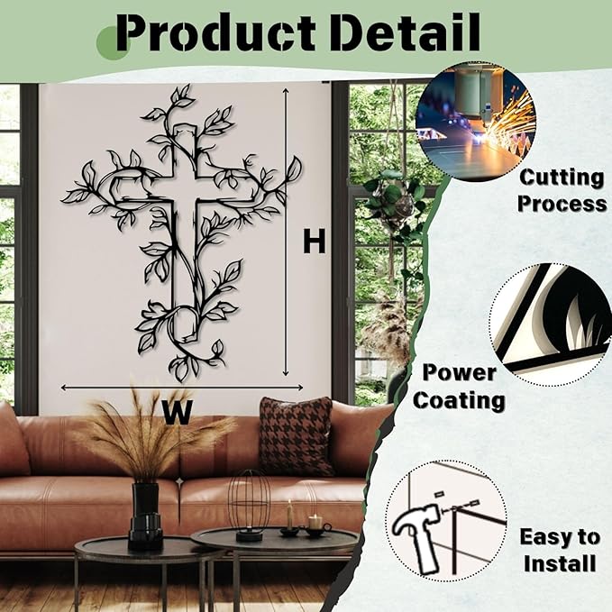 Hotuijxca Cross Metal Wall Art, Tree of Life Crosses Metal Wall Decor, Christianity Wall Art for Living Room, Bedroom(Black,31" x 25" / 80 x 64 cm)