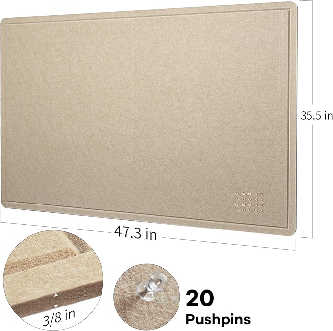 Large Bulletin Board - 48 x 36 Inches, Decorative Felt Pin Board for Wall - 4' x 3' Foldable Photo Display Board with Self-Adhesive Tape, Includes 20 Push Pins - Beige Brown