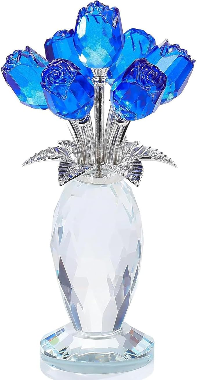 Glass Rose Flowers, Crystal Glass Figurines Rose Decorations for Home Gifts for Mom Wife Grandma, Crystal Flowers Collectible Ornament Mother's Day Thanksgiving Anniversary Birthday Gifts (Blue Rose)