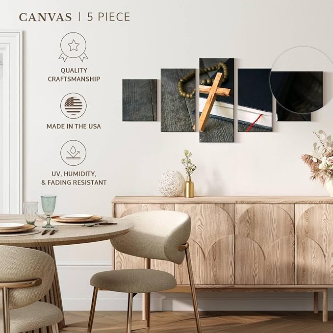 Elephant Stock Cross Canvas - 5 Panel Christian Pictures Decor - Canvas Print Wall Decor - Christian Cross Wall Art - 29" X 12"