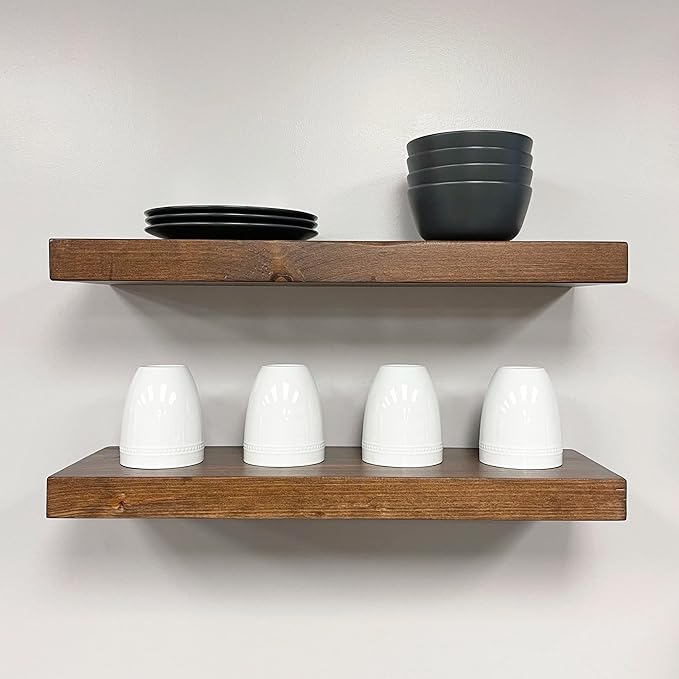 URBANDI, Rustic Floating Shelves, Set of 2, Hidden Bracket, Solid Wood, Heavy Duty, Wall Mounted Shelves, (Provincial, 24Wx6D)