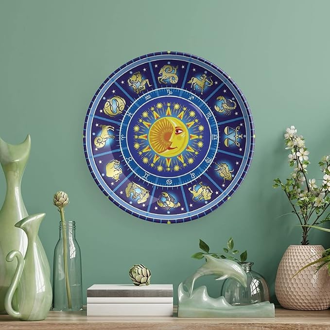 Decorative Plates, Astrology Print Ornament, Horoscope Circle Sun Birth Zodiac Constellation, 10 Inch, 1 Plate with 1 Display Stand, Yellow Orange Dark Blue