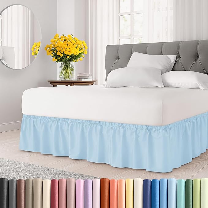 Wrap Around Dust Ruffle Bed Skirt - Light Blue - Twin/Twin XL Size Beds with 15 Inch Drop - Elastic Strap - Adjustable Pleated Bedskirt with Brushed Fabric and Wrinkle Free - Women, Men, Kids & Teens