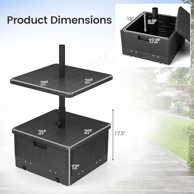 Tangkula 3-in-1 Patio Umbrella Base, 175 LBS Moveable Umbrella Stand w/Table Tray & Weighted Bag, Side Handles, HDPE Frame, 2 Pole Adapters, Garden Coffee Table Planter Box (Black)