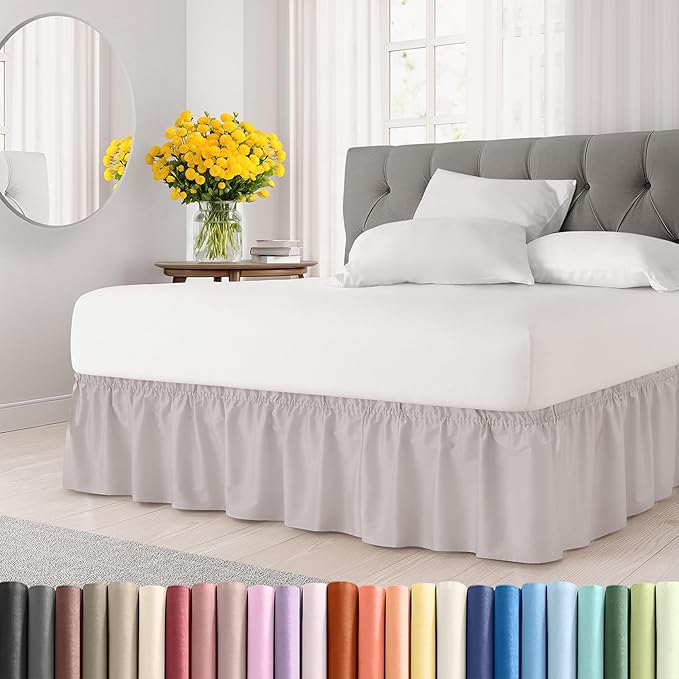 Wrap Around Dust Ruffle Bed Skirt - Light Grey - for Queen Size Beds with 15 Inch Drop - Elastic Strap - Adjustable Pleated Bedskirt with Brushed Fabric and Wrinkle Free - For Women, Men, Kids & Teens