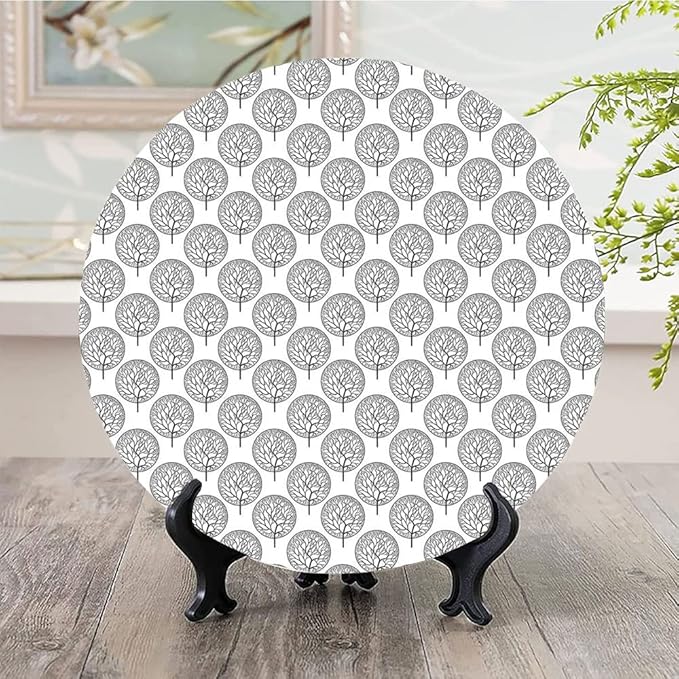 Decorative Plates, Floral Print Ornament, Tree Pattern with Leaves Inside Circles Monochrome Mother, 6 Inch, 1 Plate with 1 Display Stand, Grey White
