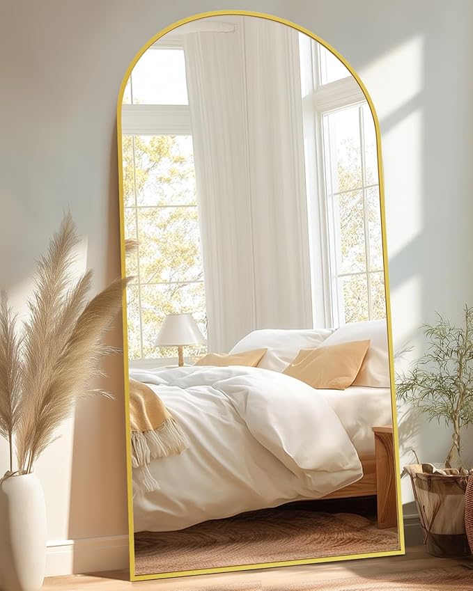 Full-Length Floor Mirror with Stand, 76"x34" Arched Style Full Body Standing Mirror for Bedroom, Living Room, Gym, Dorm - Shatter-Resistant & Easy Assembly, Gold