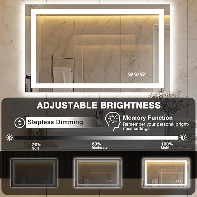 40"x24" LED Bathroom Mirror, Front and Backlit, Anti-Fog Bathroom Vanity Mirror, Stepless Dimmable Lighted, 3 Colors Smart Mirror (Horizontal/Vertical)