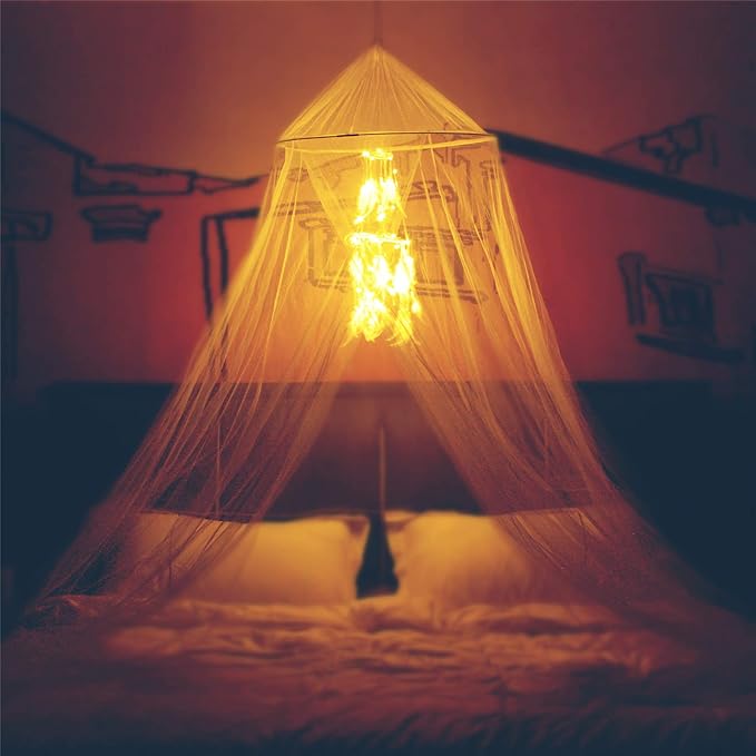 Bed Canopy with Double Circle White Feather Dream Catcher and 50 LED Fairy String Lights, Mosquito Net - Unique Style Dome Bed Netting Canopy Curtains Canopy - Suggested for Twin Full Queen King Bed