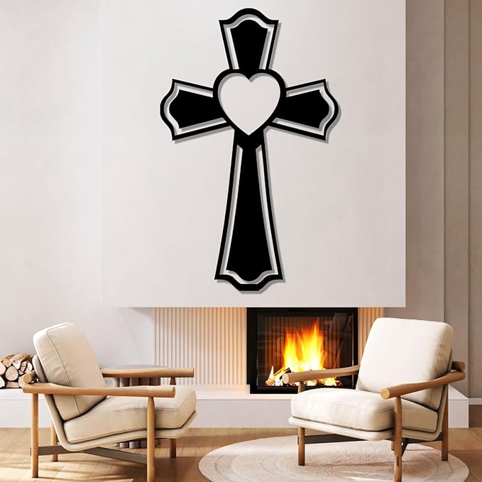 Metal Cross for Wall, Crosses Wall Decor, Cross Heart Metal Wall Art, Christian Wall Decor, Christian Cross Wall Decor, Religious Wall Decor, Faith Wall Decor, Spiritual Wall Decor (Silver, 53"x34" | 135x85cm, metal wall art)