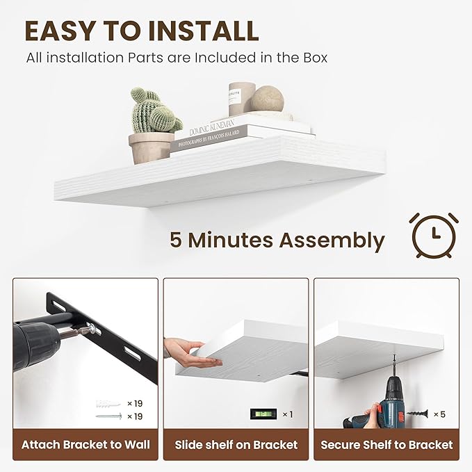48 Inch Floating Shelves, 12 Inch Deep Floating Shelves for Wall, Floating Shelf with Invisible Brackets, Deep Wall Shelves for Bathroom, Bedroom, Living Room, 1 Pack, White