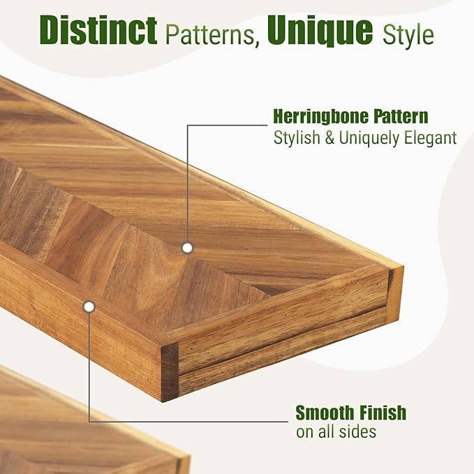 48" Rustic Farmhouse Floating Shelves – Set of 2 Acacia Wood Shelves for Stylish Wall Decor in Kitchen, Bathroom, and Office, Unique Chevron Pattern, 48x8x1.5 Inches - Set of 2 - DIY
