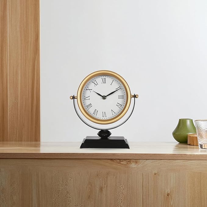 Desk Clock - Classic Vintage Clock and Decorative Shelf Decor,Silent Non-Ticking Clock with Distressed Metal Frame for Office, Living Room or Bedroom