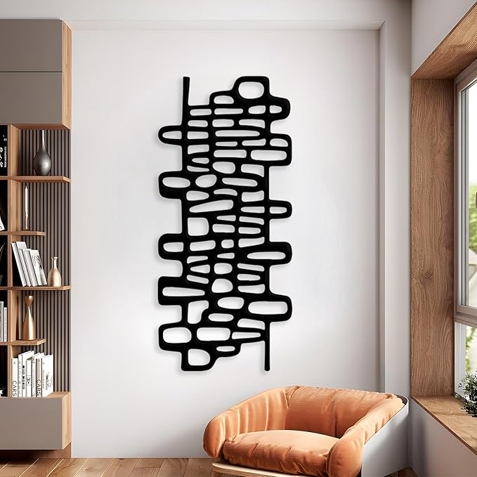 Cadeali Abstract Geometric Metal Wall Art, Modern Circles Metal Decor, Minimalist Line Art, Long Narrow Sign, Luxury Modern Artwork for Living Room, Farmhouse, Office (Black, 24"x11")