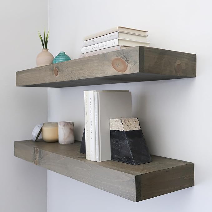 Urbandi Modern Floating Shelves 3 Inches Thick for Wall, Wide Shelves for Kitchen, Living Room, Bedroom, and Bathroom, Natural Pine Wood, Rustic Wooden Shelf, (Set of 2) (Aged Barrel, 36Lx3Hx8D)