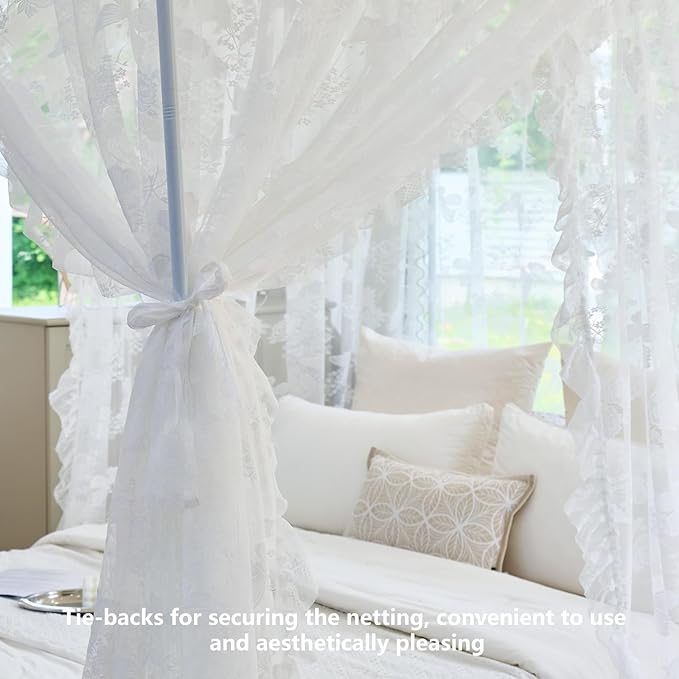 AIKASY Elegant Lace Princess 4-Poster Bed Canopy Mosquito Net - Romantic Wedding Bridal Bedroom Decor, Kids Room Bed Curtain for Women Adults - (White-4,Full)