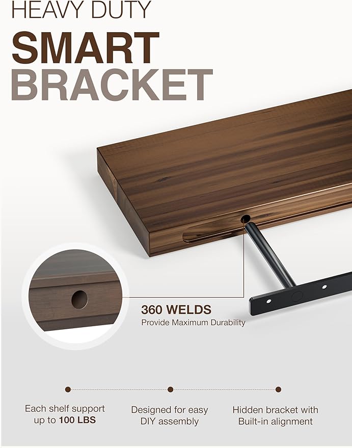 BATODA Set of 2 24" Acacia Floating Shelves for Wall – Rustic Farmhouse Wood Floating Shelf - Book Shelf for Wall & House Décor - DIY Floating Book Shelves - with Brackets & Hardware (Walnut Color)