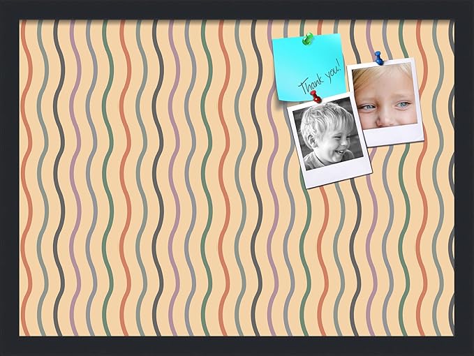 PinPix 22x16 Inch Cork Bulletin Board. This Decorative Framed Pin Board Comes with Multi Color Waves Design and a Satin Black Frame. Ideal for Home Office Decor or Message Board (PinPix-565)