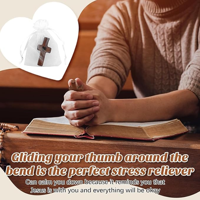 Brevynx Handmade 25Pcs Pocket Wooden Cross Fidget in bulk with Organza Bags - Stress Relief Cross My Heart for Christian, Religious Easter Day Gifts