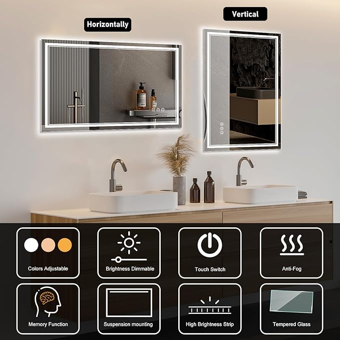 55x30 Inch LED Bathroom Mirror with Frontlit & Backlit（Independent Control）, Lighted Mirror for Bathroom Wall with 3-Color Dimmable & Anti-Fog, Vanity Mirror with Lights