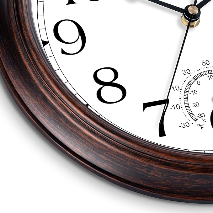 10 Inch Outdoor Wall Clock with Thermometers, Vintage Silent Wall Clocks Battery Operated, Retro Non-Ticking Clock Decorative for Living Room, Patio, Kitchen, Office, Bathroom, Bedroom(Bronze)