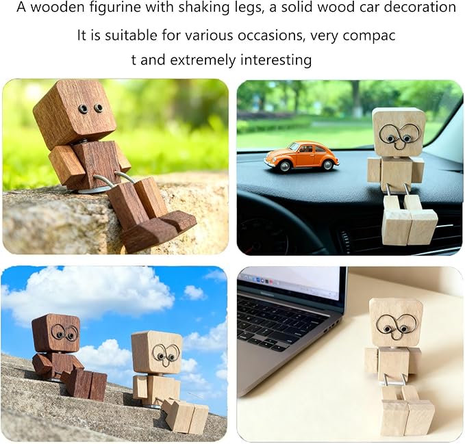 Shaking Wooden Man Figurine - Battery-Free Physics-Driven Rocking Decor with 12 Magnetic Expressions, Handcrafted Natural Wood for Car Dashboard, Office Desk, Home Shelf (Beech)